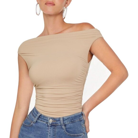 Women One Off Shoulder Y2K Tops Double Lined Slim Fit T Shirts Basic Tees - Picture 1 of 6